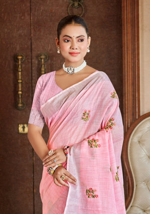 Pink Linen Sarees With Blouse Piece