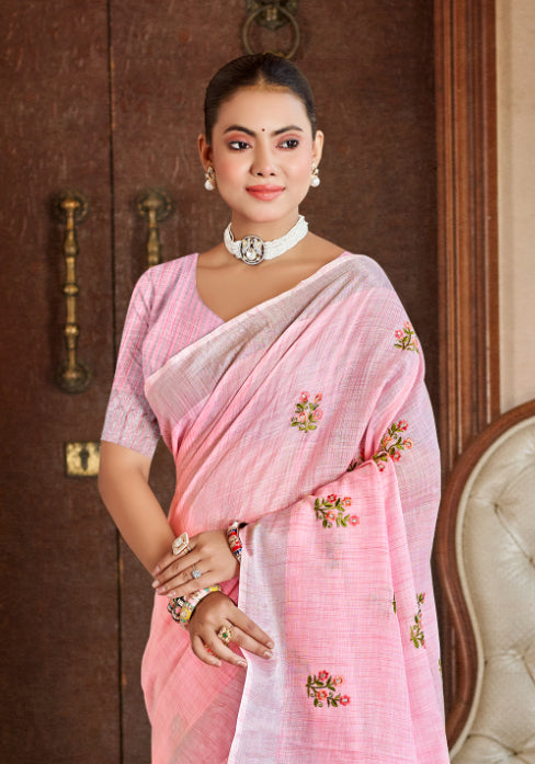 Pink Linen Sarees With Blouse Piece