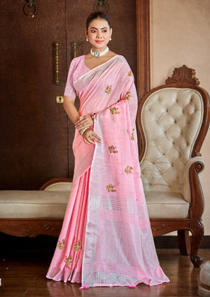 Pink Linen Sarees With Blouse Piece