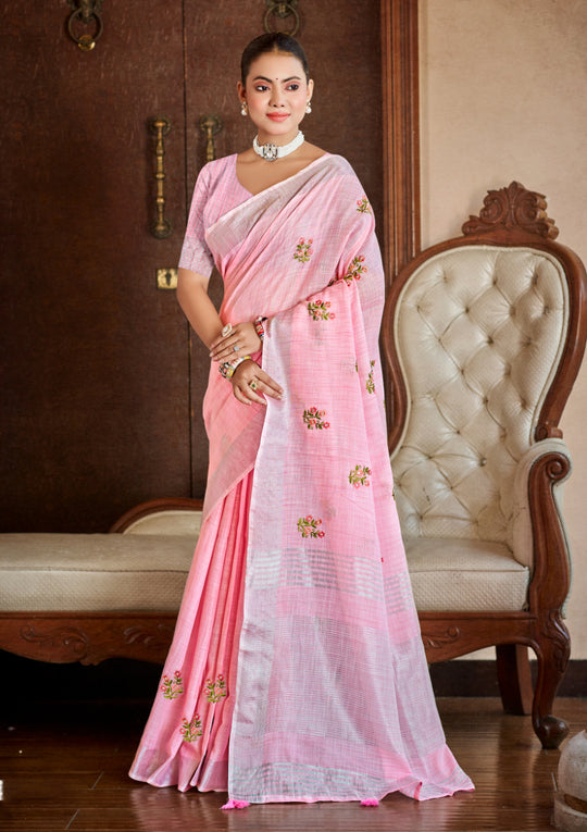 Pink Linen Sarees With Blouse Piece