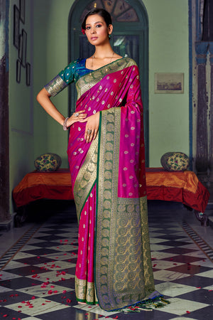 Magenta Banarasi Silk Saree With Blouse Piece