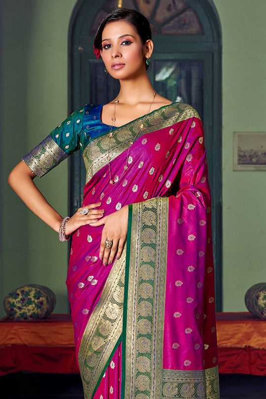 Magenta Banarasi Silk Saree With Blouse Piece
