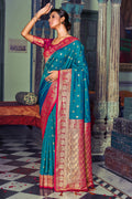 Sky Blue Banarasi Silk Saree With Blouse Piece