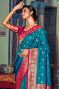 Sky Blue Banarasi Silk Saree With Blouse Piece