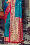 Sky Blue Banarasi Silk Saree With Blouse Piece