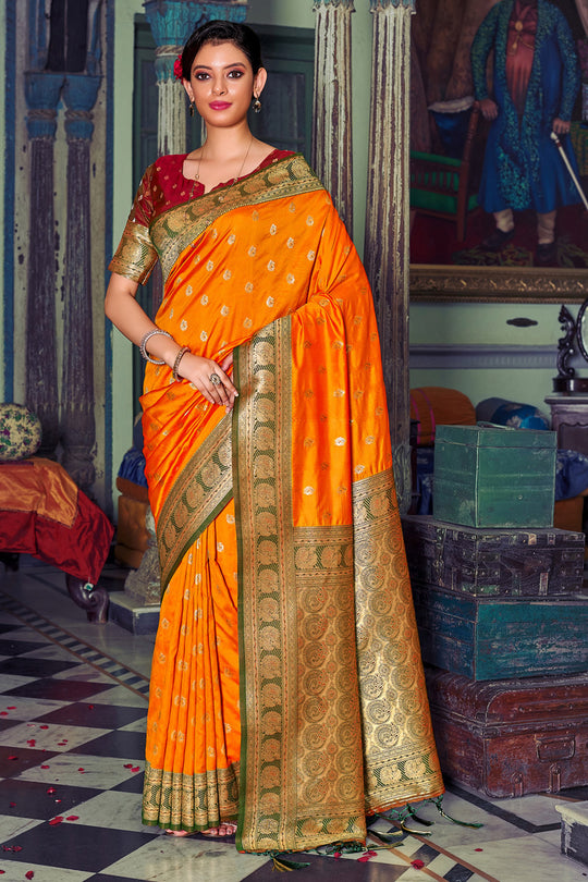 Mustard Banarasi Silk Saree With Blouse Piece