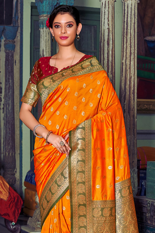 Mustard Banarasi Silk Saree With Blouse Piece