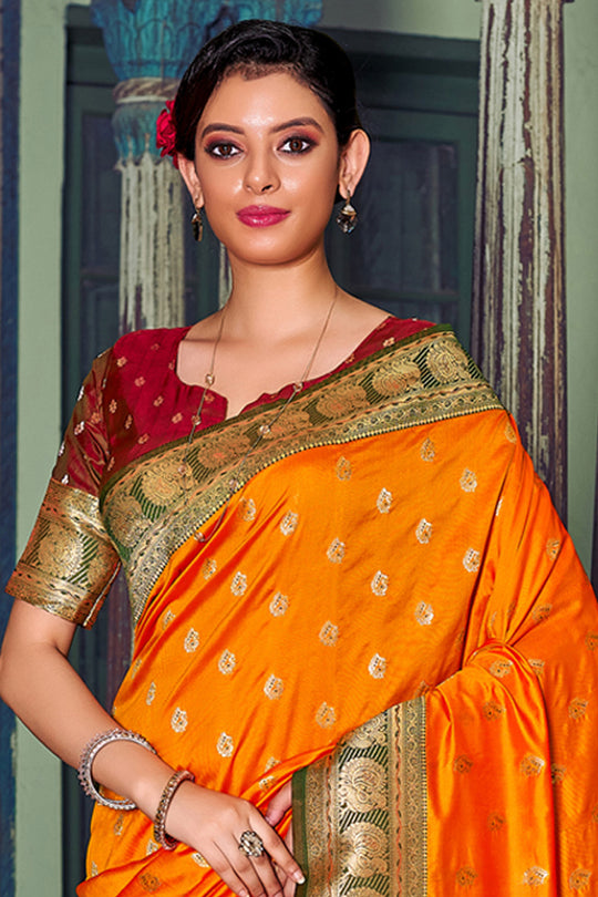 Mustard Banarasi Silk Saree With Blouse Piece