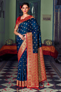 Navy Blue Banarasi Silk Saree With Blouse Piece