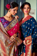 Navy Blue Banarasi Silk Saree With Blouse Piece