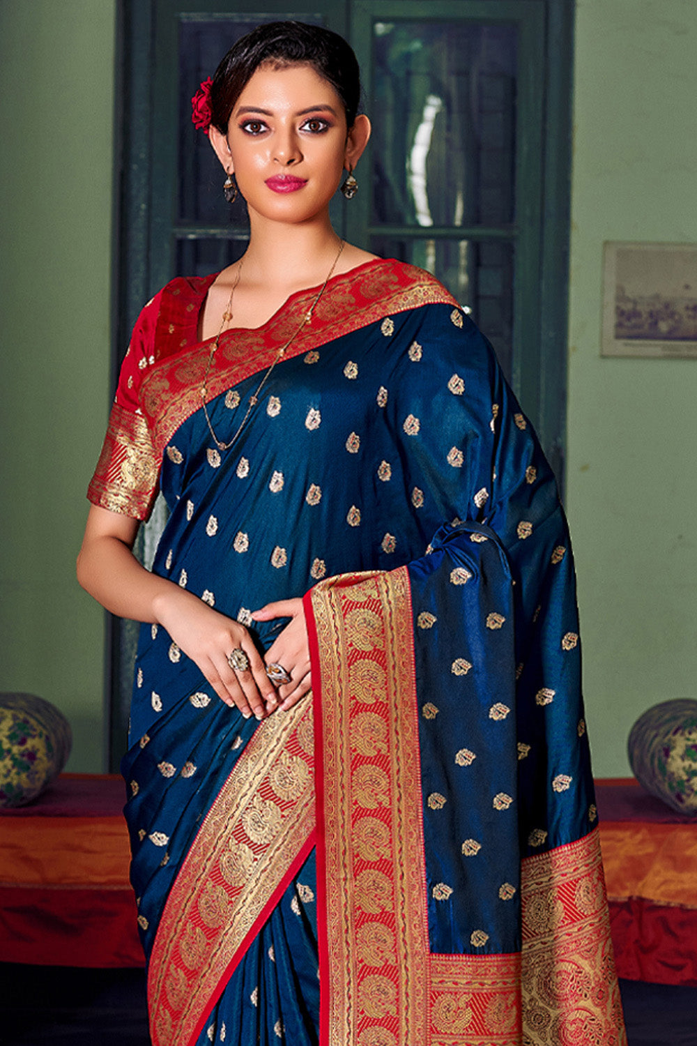 Red and blue combination banarasi saree hotsell