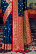 Navy Blue Banarasi Silk Saree With Blouse Piece