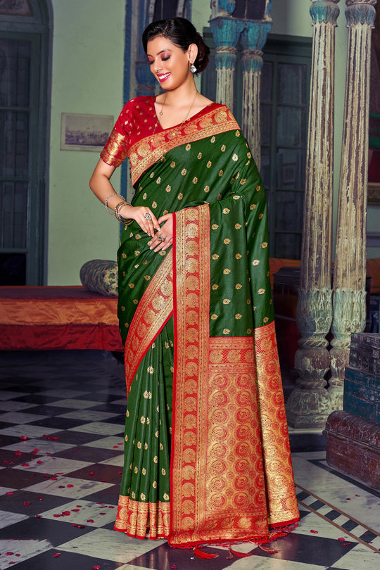 Green Banarasi Silk Saree With Blouse Piece