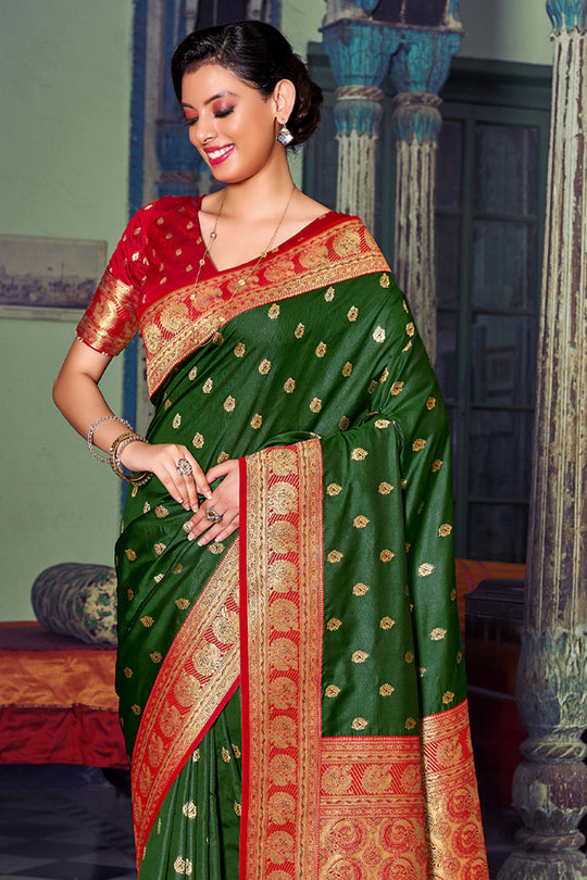 Green Banarasi Silk Saree With Blouse Piece