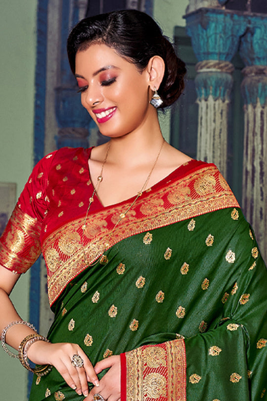 Green Banarasi Silk Saree With Blouse Piece