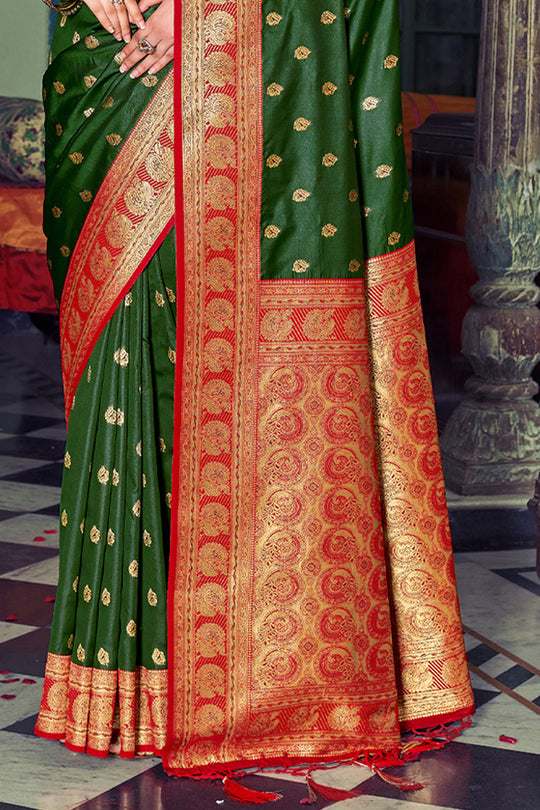Green Banarasi Silk Saree With Blouse Piece