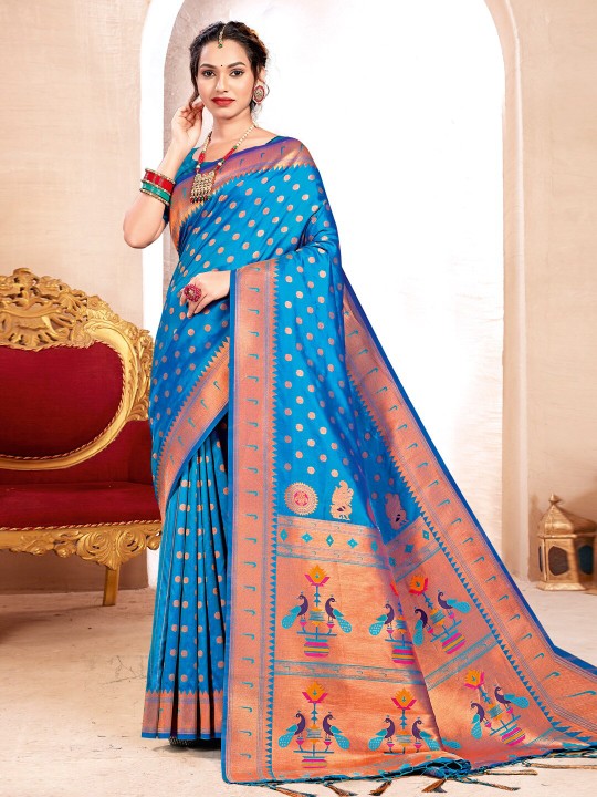 Blue Paithani Silk Saree With Blouse Piece