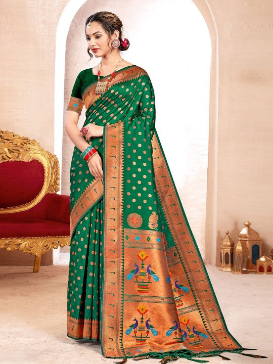 Green Paithani Silk Saree With Blouse Piece