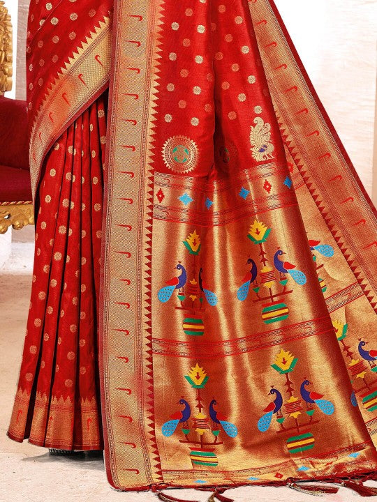 Red Paithani Silk Saree With Blouse Piece