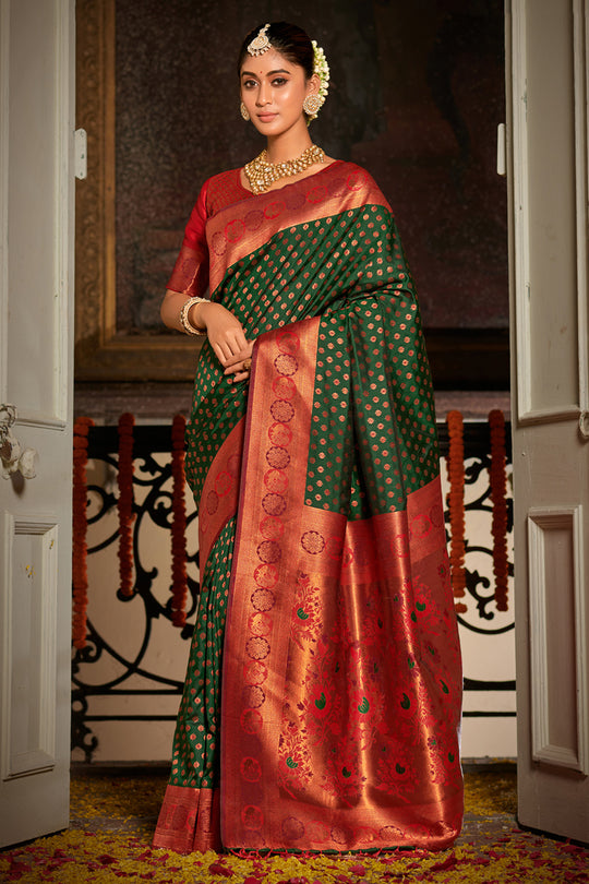 Dark Green Banarasi Silk Saree With Blouse Piece