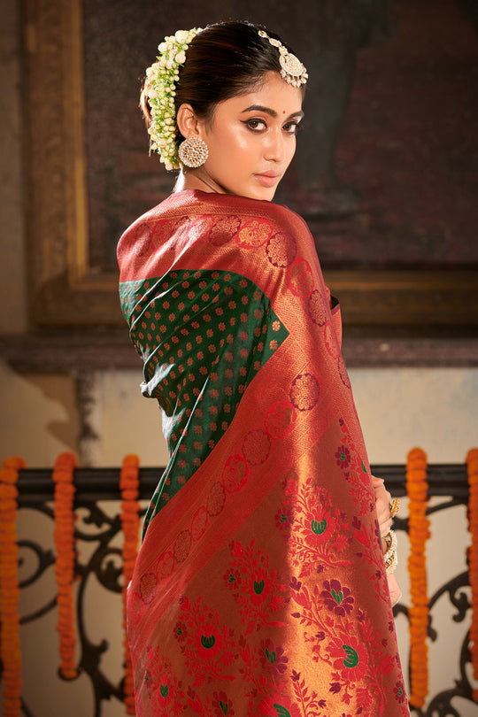 Dark Green Banarasi Silk Saree With Blouse Piece