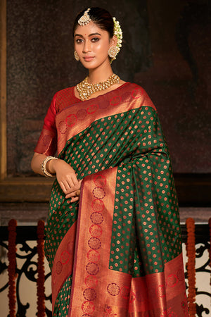 Dark Green Banarasi Silk Saree With Blouse Piece