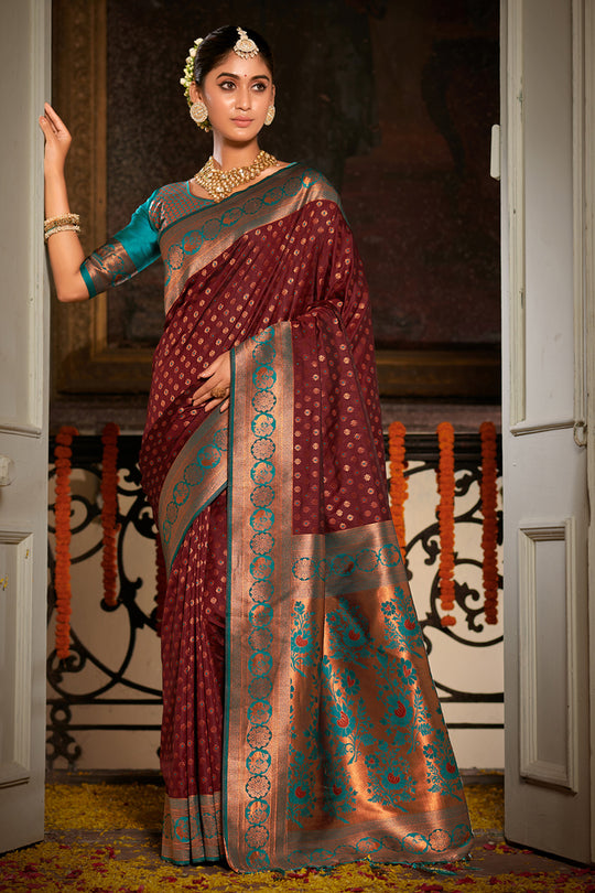 Brown Banarasi Silk Saree With Blouse Piece