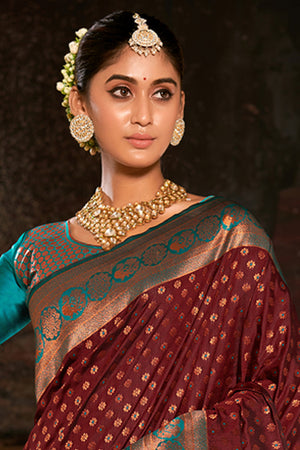 Brown Banarasi Silk Saree With Blouse Piece