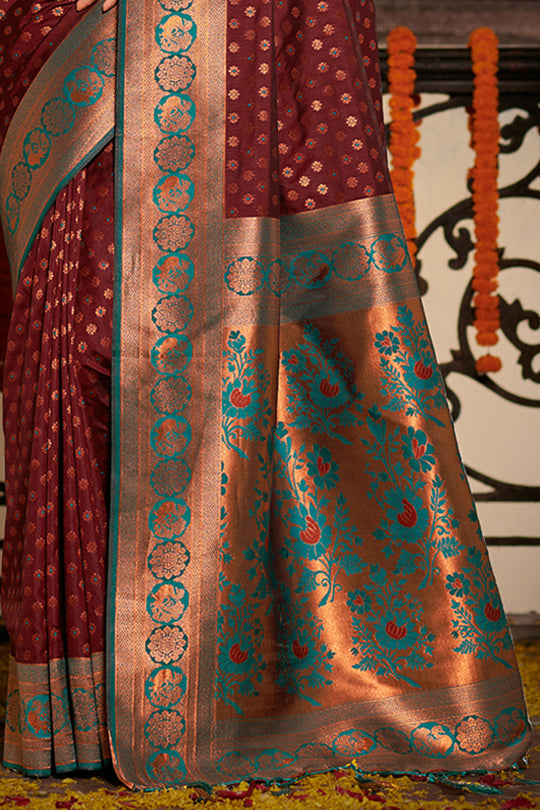 Brown Banarasi Silk Saree With Blouse Piece
