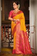 Yellow Banarasi Silk Saree With Blouse Piece