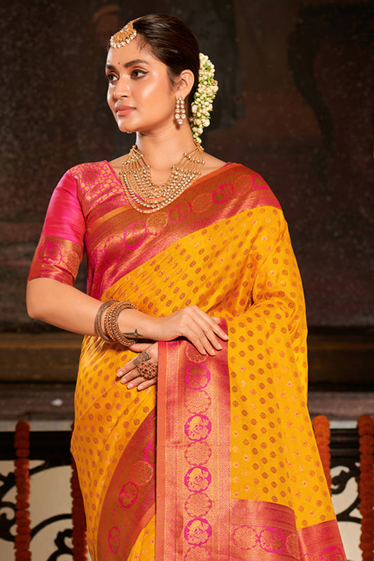 Yellow Banarasi Silk Saree With Blouse Piece