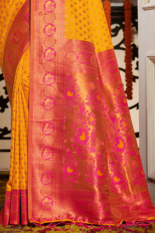 Yellow Banarasi Silk Saree With Blouse Piece