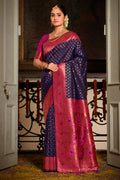 Navy Blue Banarasi Silk Saree With Blouse Piece