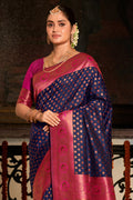 Navy Blue Banarasi Silk Saree With Blouse Piece