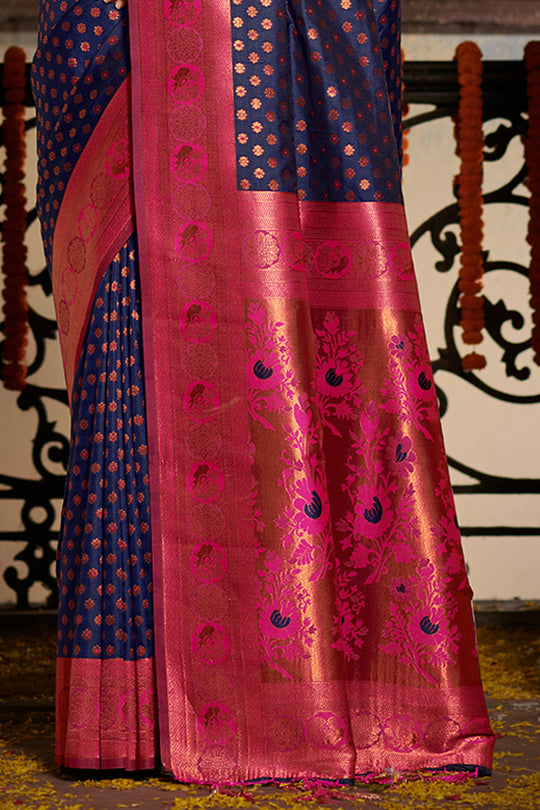 Navy Blue Banarasi Silk Saree With Blouse Piece