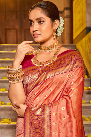 Peach Banarasi Silk Saree With Blouse Piece - Main Image