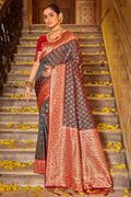 Grey Banarasi Silk Saree With Blouse Piece