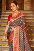 Grey Banarasi Silk Saree With Blouse Piece