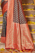 Grey Banarasi Silk Saree With Blouse Piece