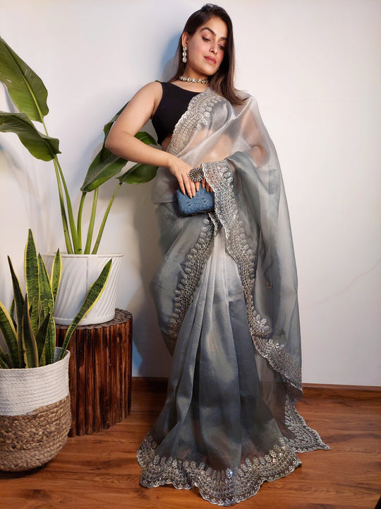 Grey Organza Saree With Blouse Piece