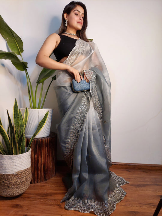 Grey Organza Saree With Blouse Piece