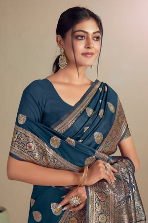 Navy Blue Silk Saree With Blouse Piece