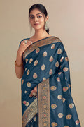 Navy Blue Silk Saree With Blouse Piece