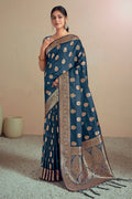 Navy Blue Silk Saree With Blouse Piece