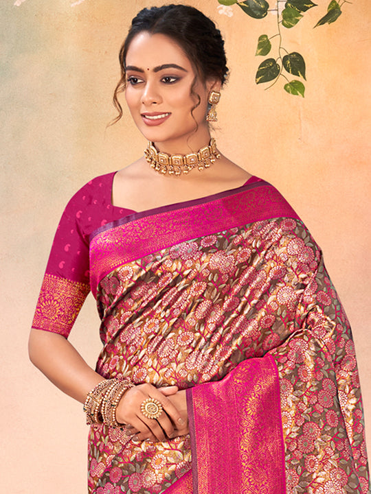 Brown Kanjivaram Silk Saree With Blouse Piece