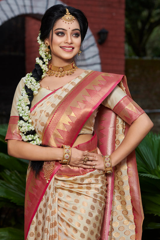 Ivory Beige Banarasi Saree
