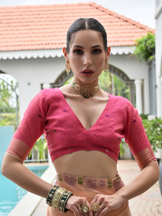 Peach Muga Cotton Saree With Blouse Piece