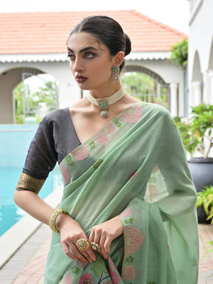 Sea-Green Muga Cotton Saree With Blouse Piece