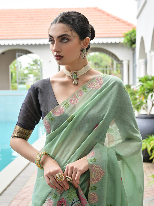 Sea-Green Muga Cotton Saree With Blouse Piece