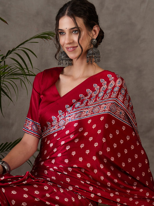 Red Semi Modal Saree With Blouse Piece